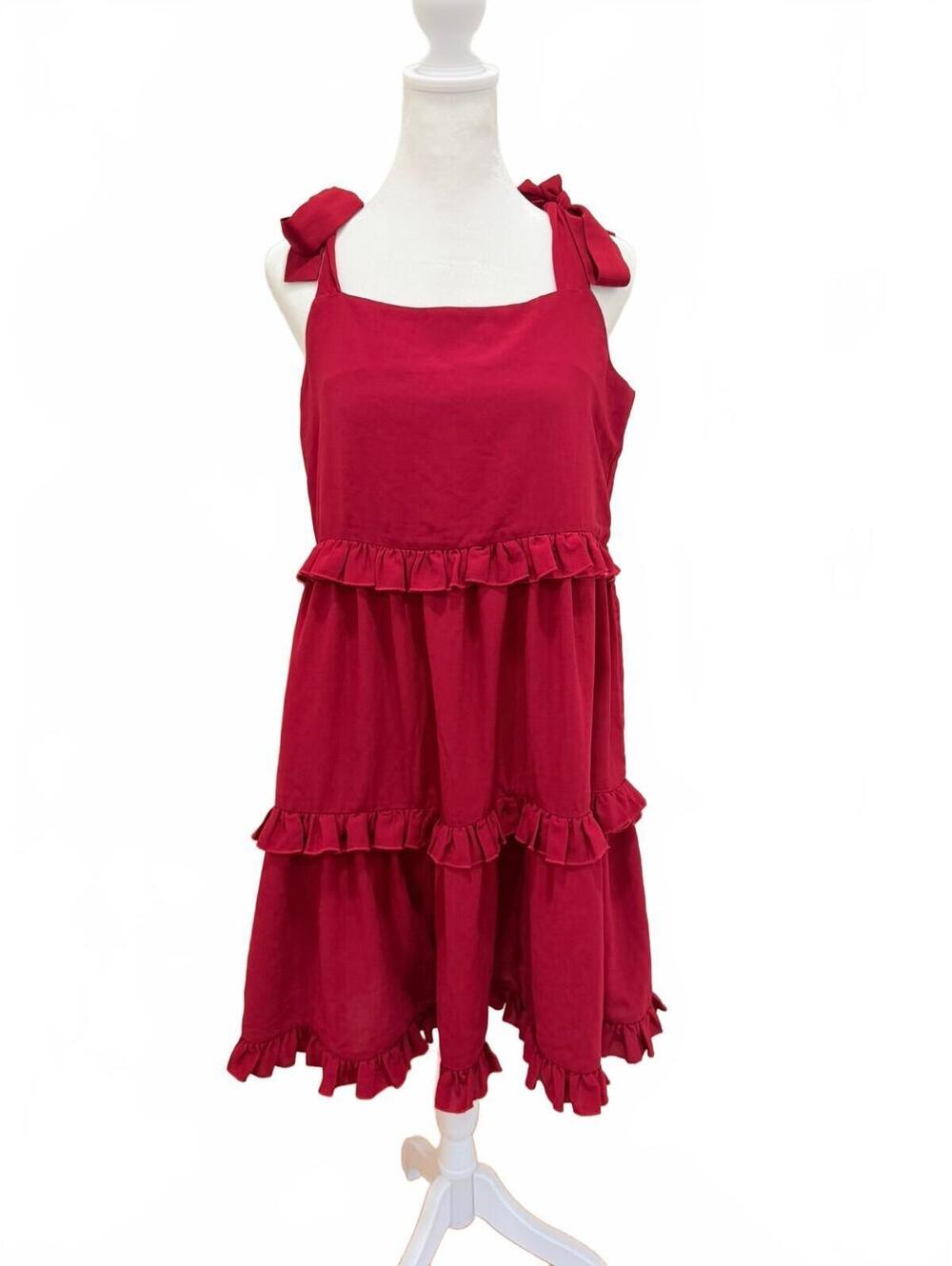 Cleo Cora Red Linen Blend Ruffle Tiered Midi Dress M Tie Strap Cottagecore